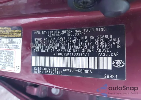 2004 Toyota Camry Le из США, поврежденный, VIN 4T1BE32K14U334171